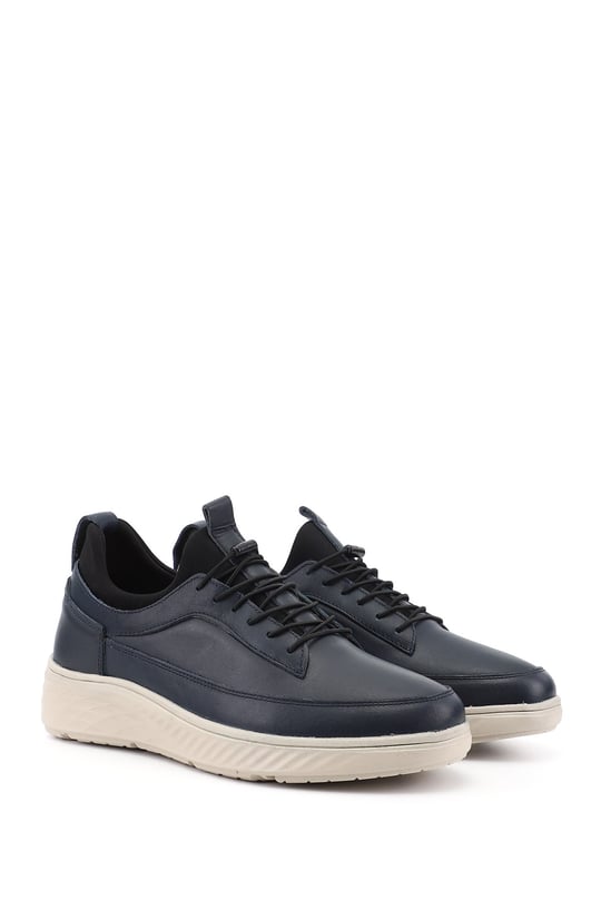 Erkek Lacivert Bağcıklı Hakiki Deri Sneaker