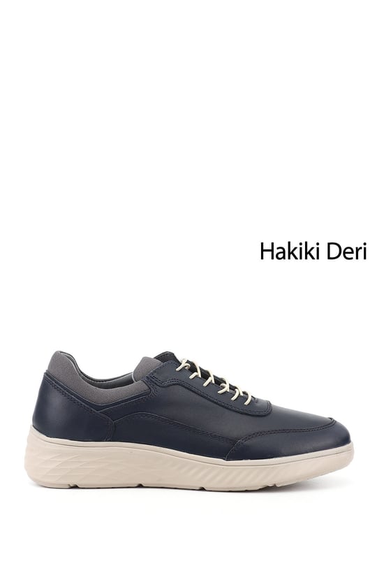 Men's Navy Blue Lace-up Rubber Sole Genuine Leather Sneaker