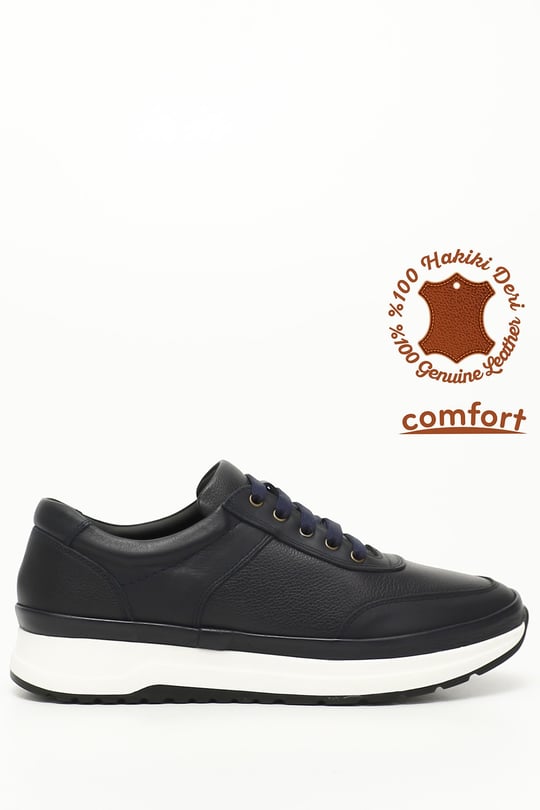 Erkek Lacivert Floter Bağcıklı Hakiki Deri Comfort Sneaker
