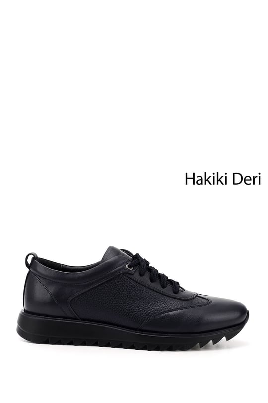 Erkek Lacivert Hakiki Deri Bağcıklı Sneaker