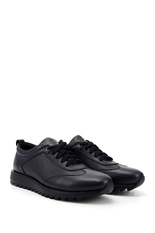 Men's Navy Blue Genuine Leather Lace-Up Sneakers