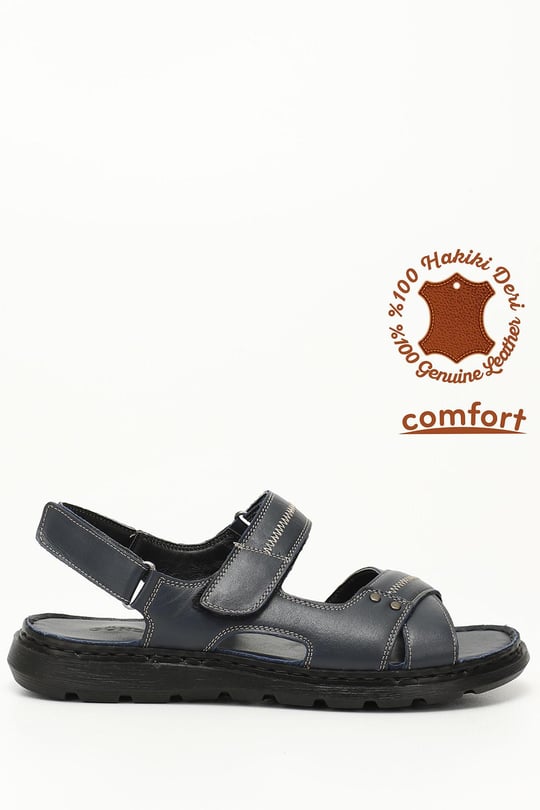 Erkek Lacivert Hakiki Deri Comfort Sandalet