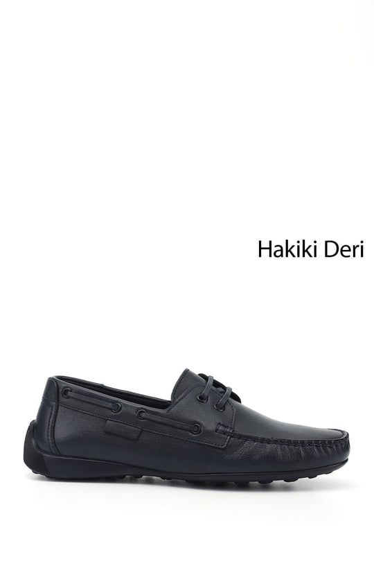 Erkek Lacivert Rok Hakiki Deri Bağcıklı Ayakkabı