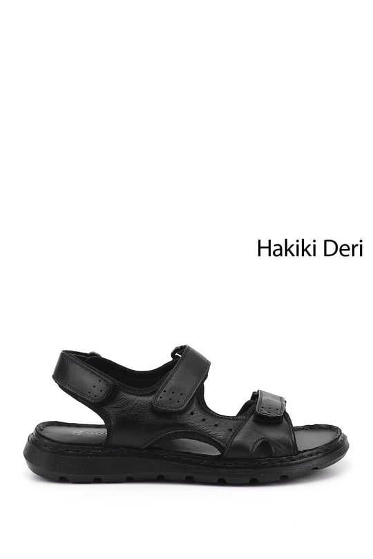 Men's Black Adjustable Velcro Strap Genuine Leather Sandals