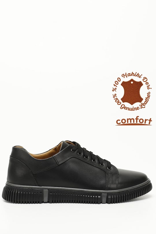 Erkek Siyah Bağcıklı Hakiki Deri Comfort Sneaker