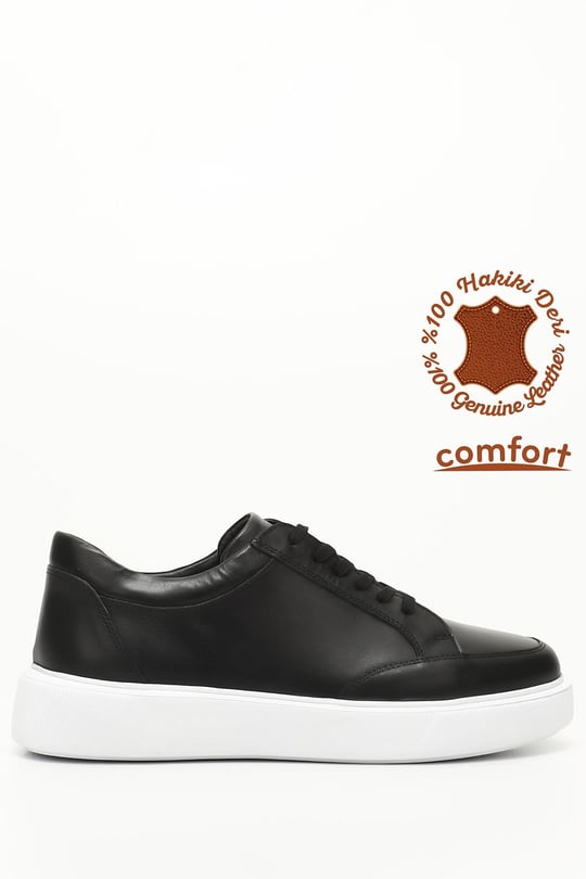 Erkek Siyah Bağcıklı Hakiki Deri Comfort Sneaker