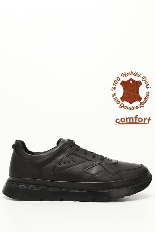 Erkek Siyah Bağcıklı Hakiki Deri Comfort Sneaker