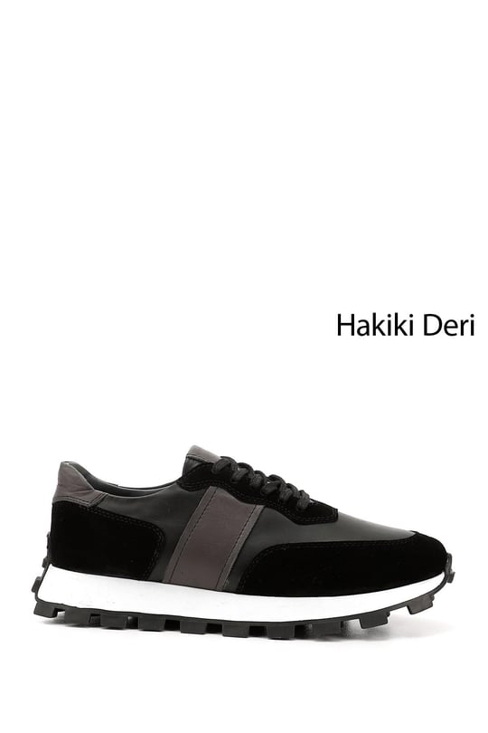 Erkek Siyah Bağcıklı Hakiki Deri Comfort Sneaker