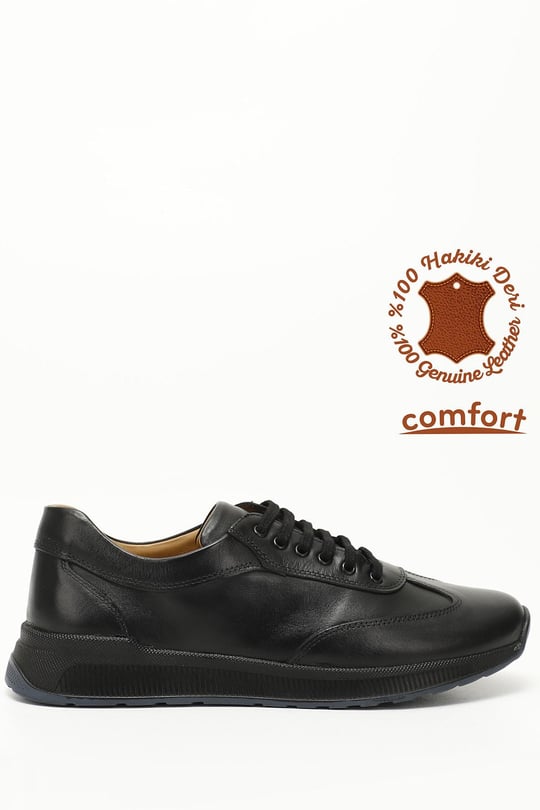 Erkek Siyah Bağcıklı Hakiki Deri Comfort Sneaker