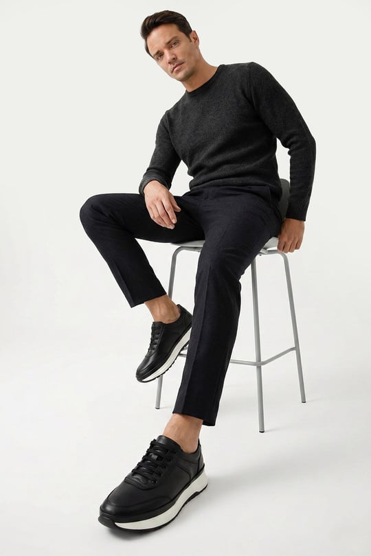 Men's Black Lace-Up Genuine Leather Comfort Sneaker