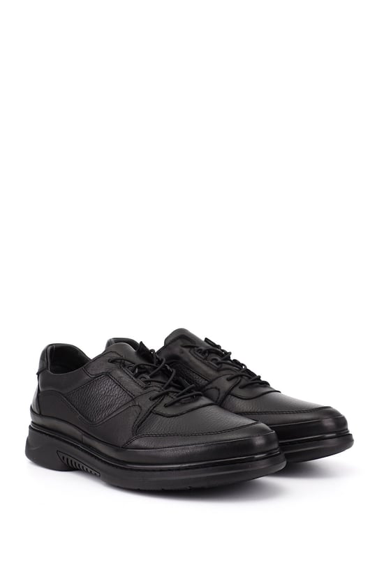 Men's Black Lace-Up Rubber Sole Genuine Leather Sneaker