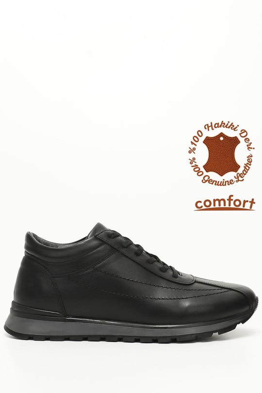 Erkek Siyah Bağcıklı Hakiki Deri Comfort Sneaker