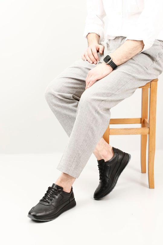 Erkek Siyah Bağcıklı Hakiki Deri Comfort Sneaker