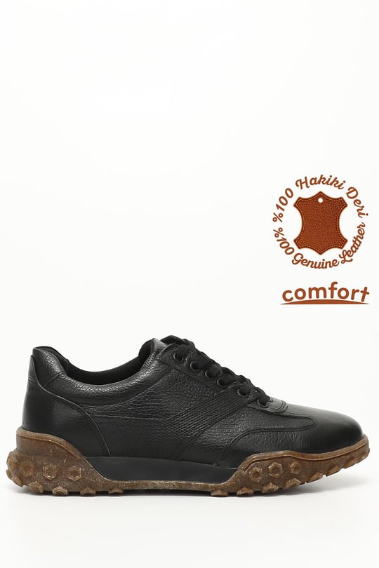 Erkek Siyah Bağcıklı Hakiki Deri Comfort Sneaker