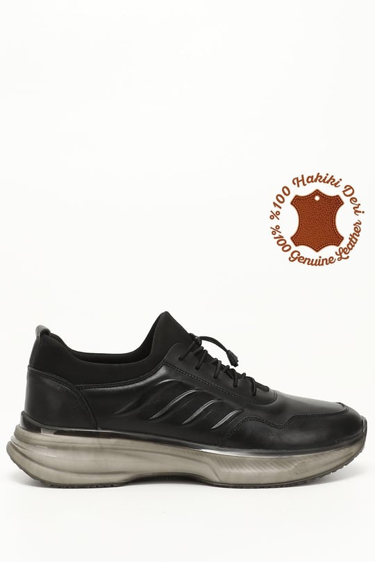 Erkek Siyah Bağcıklı Hakiki Deri Sneaker