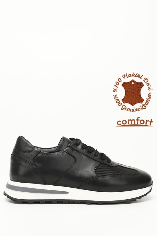 Erkek Siyah Bağcıklı Hakiki Deri Sneaker