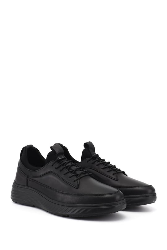 Men's Black Lace-up Rubber Sole Genuine Leather Sneaker
