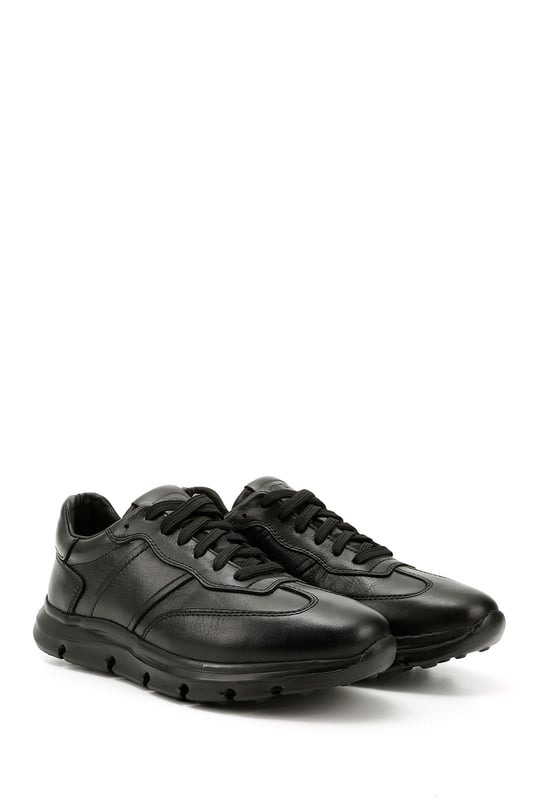 Men's Black Lace-Up Genuine Leather Sneakers