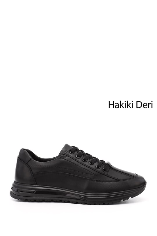 Men's Black Lace-Up Rubber Sole Genuine Leather Sneaker