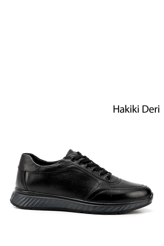 Erkek Siyah Bağcıklı Jel Tabanlıklı Hakiki Deri Sneaker