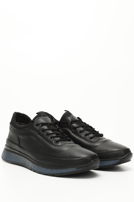 Erkek Siyah Bağcıklı Jel Tabanlıklı Hakiki Deri Sneaker