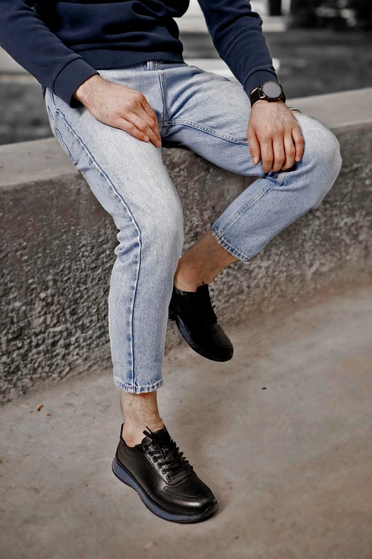 Erkek Siyah Bağcıklı Jel Tabanlıklı Hakiki Deri Sneaker