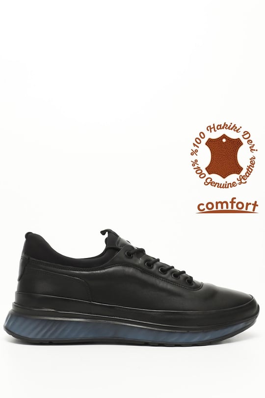Erkek Siyah Bağcıklı Jel Tabanlıklı Hakiki Deri Sneaker