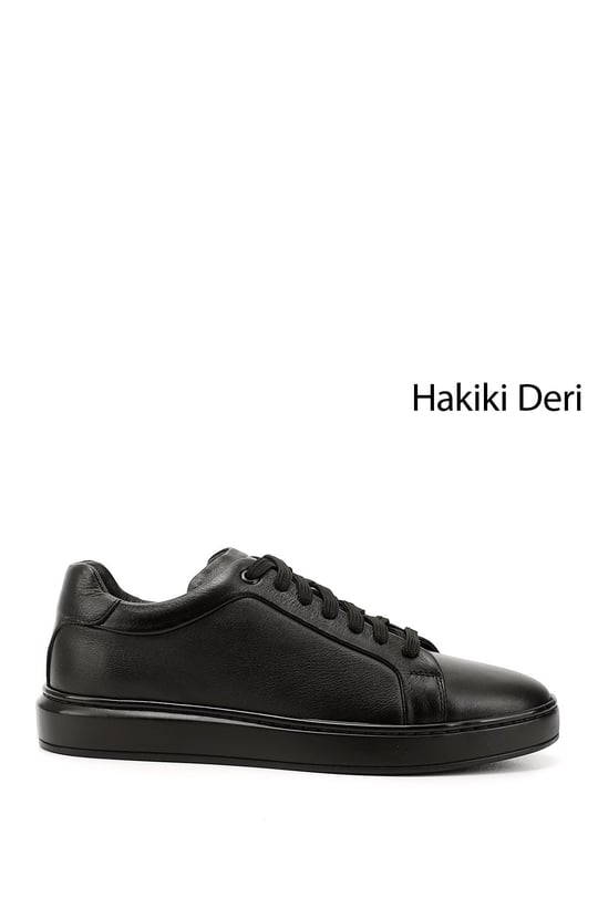 Men's Black Lace-Up Rubber Sole Genuine Leather Sneakers