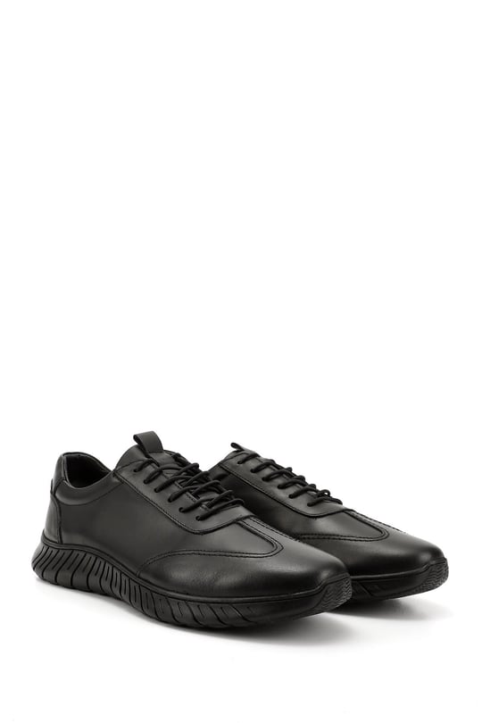 Erkek Siyah Bağcıklı Kauçuk Taban Hakiki Deri Sneaker