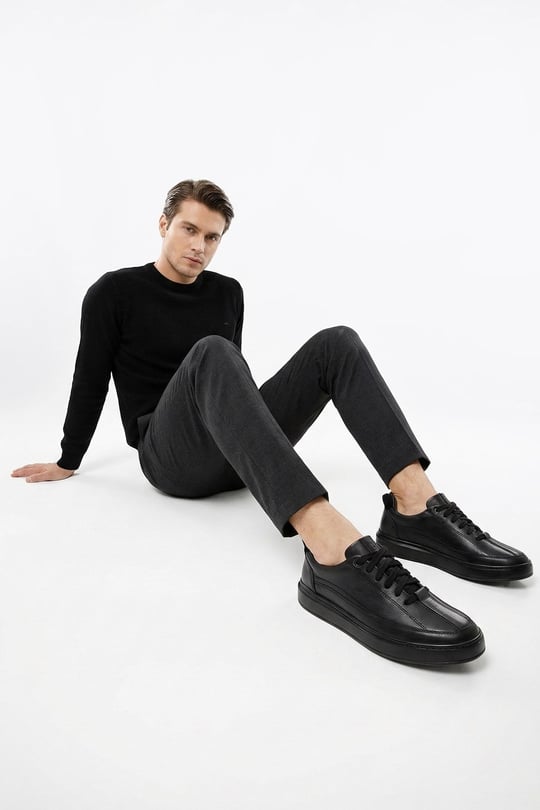 Erkek Siyah Bağcıklı Kauçuk Taban Hakiki Deri Sneaker
