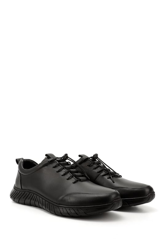 Men's Black Lace-Up Rubber Sole Genuine Leather Sneakers