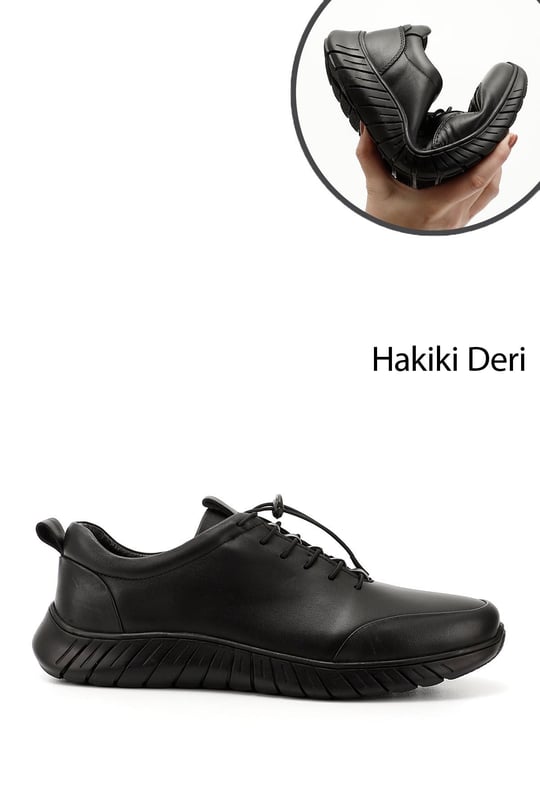 Men's Black Lace-Up Rubber Sole Genuine Leather Sneakers
