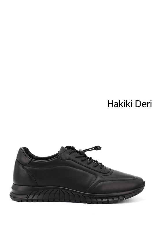 Men's Black Lace-Up Rubber Sole Genuine Leather Sneakers