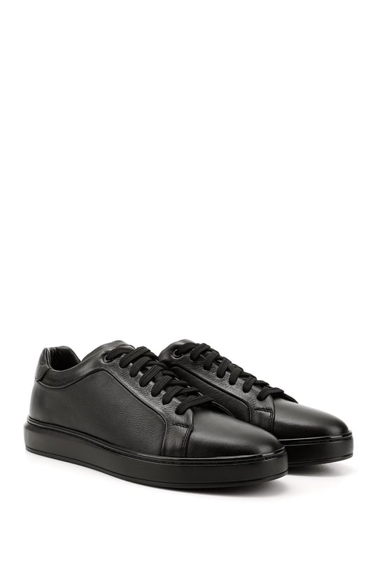 Men's Black Lace-Up Rubber Sole Genuine Leather Sneakers