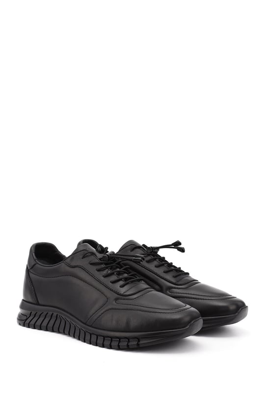 Men's Black Lace-Up Rubber Sole Genuine Leather Sneakers
