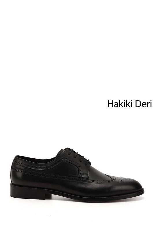Erkek Siyah Bağcıklı Kösele Taban Hakiki Deri Klasik Ayakkabı