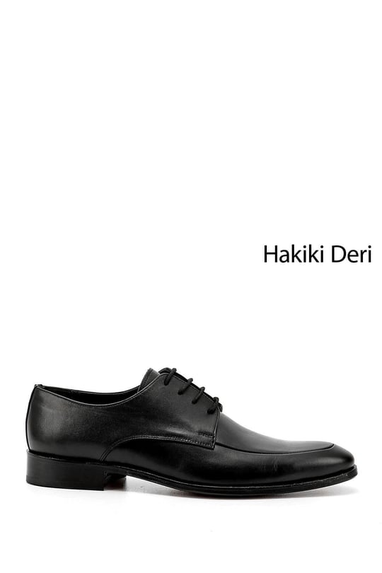 Erkek Siyah Bağcıklı Kösele Taban Hakiki Deri Klasik Ayakkabı