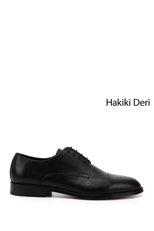 Erkek Siyah Bağcıklı Kösele Taban Hakiki Deri Klasik Ayakkabı