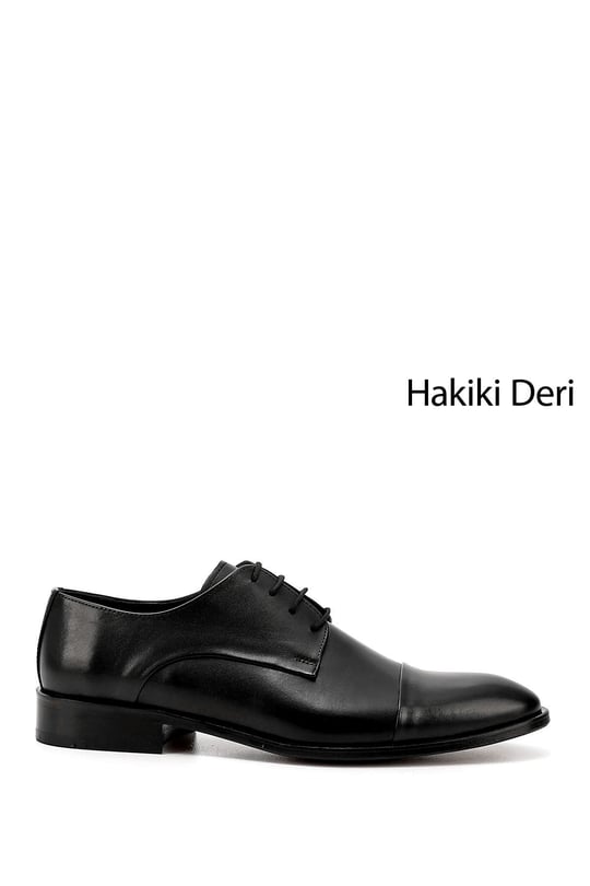 Erkek Siyah Bağcıklı Kösele Taban Hakiki Deri Klasik Ayakkabı