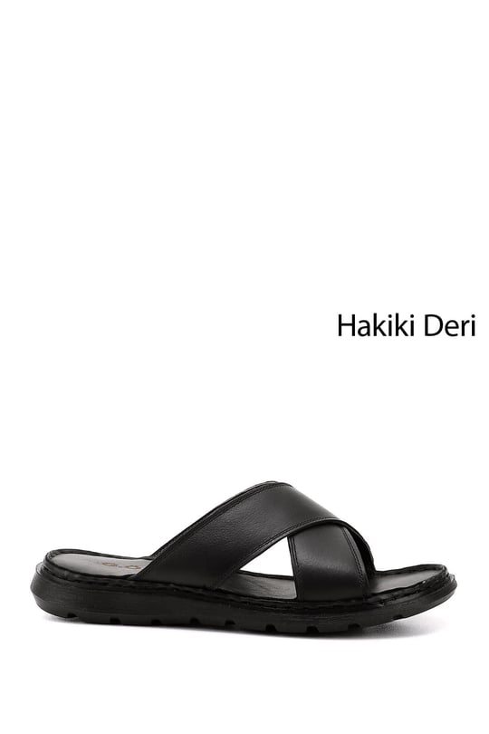 Men's Black Cross-Strap Genuine Leather Slippers