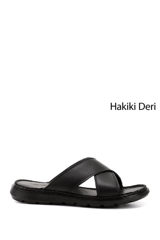 Erkek Siyah Çapraz Bantlı Hakiki Deri Terlik