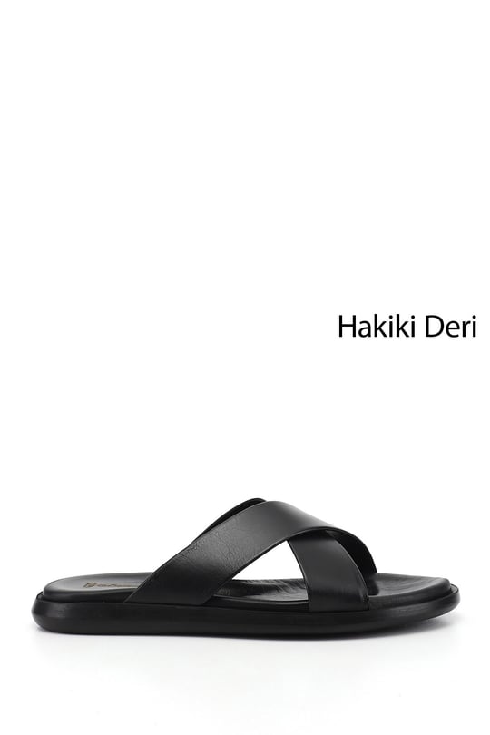 Erkek Siyah Çapraz Bantlı Hakiki Deri Terlik