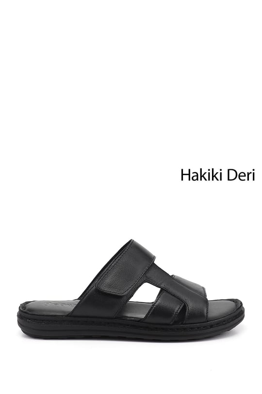 Erkek Siyah Cırt Bantlı Hakiki Deri Terlik