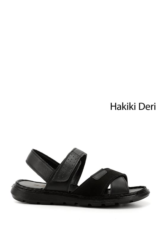 Men's Black Velcro Cross-Strap Genuine Leather Sandals