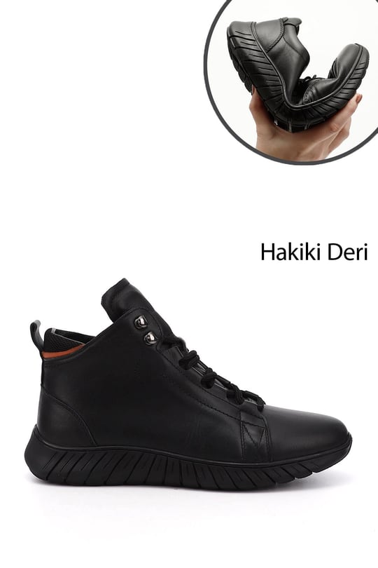 Erkek Siyah Fermuarlı Hakiki Deri Outdoor Bot