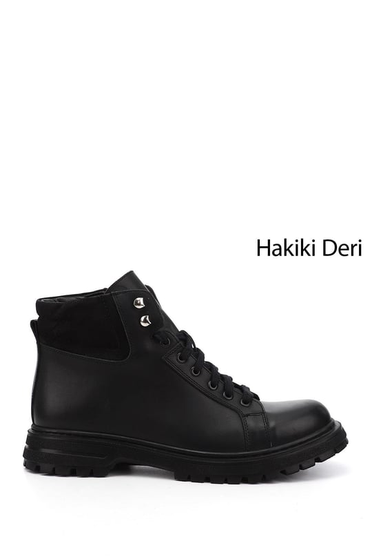 Erkek Siyah Fermuarlı Kauçuk Taban Hakiki Deri Bot