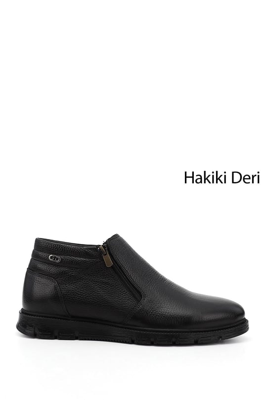 Erkek Siyah Fermuarlı Kauçuk Taban Hakiki Deri Bot