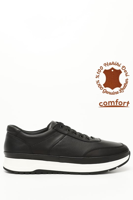 Erkek Siyah Floter Bağcıklı Hakiki Deri Comfort Sneaker
