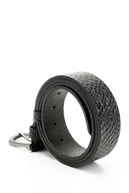 Erkek Siyah Hakiki Deri 4 Cm Baskılı Kot Kemeri