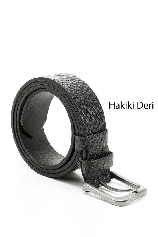 Erkek Siyah Hakiki Deri 4 Cm Baskılı Kot Kemeri
